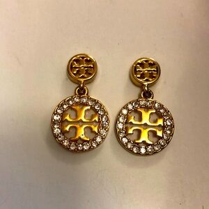 Tory Burch Gold and White Crystal Drop Earrings